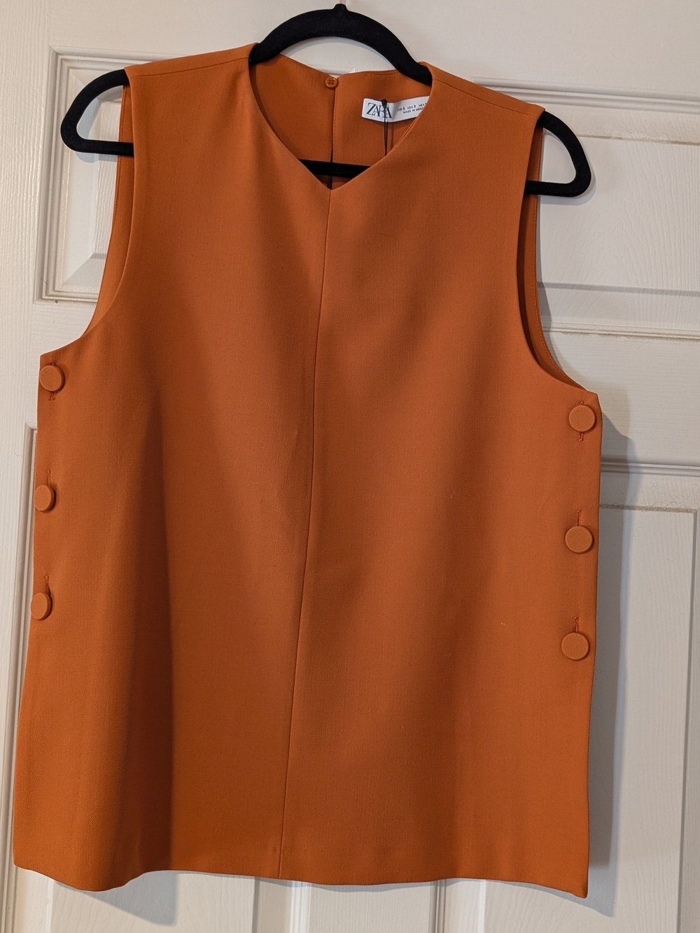 Zara Orange Sleeveless V-Notch Shift Top with Side Button Detail